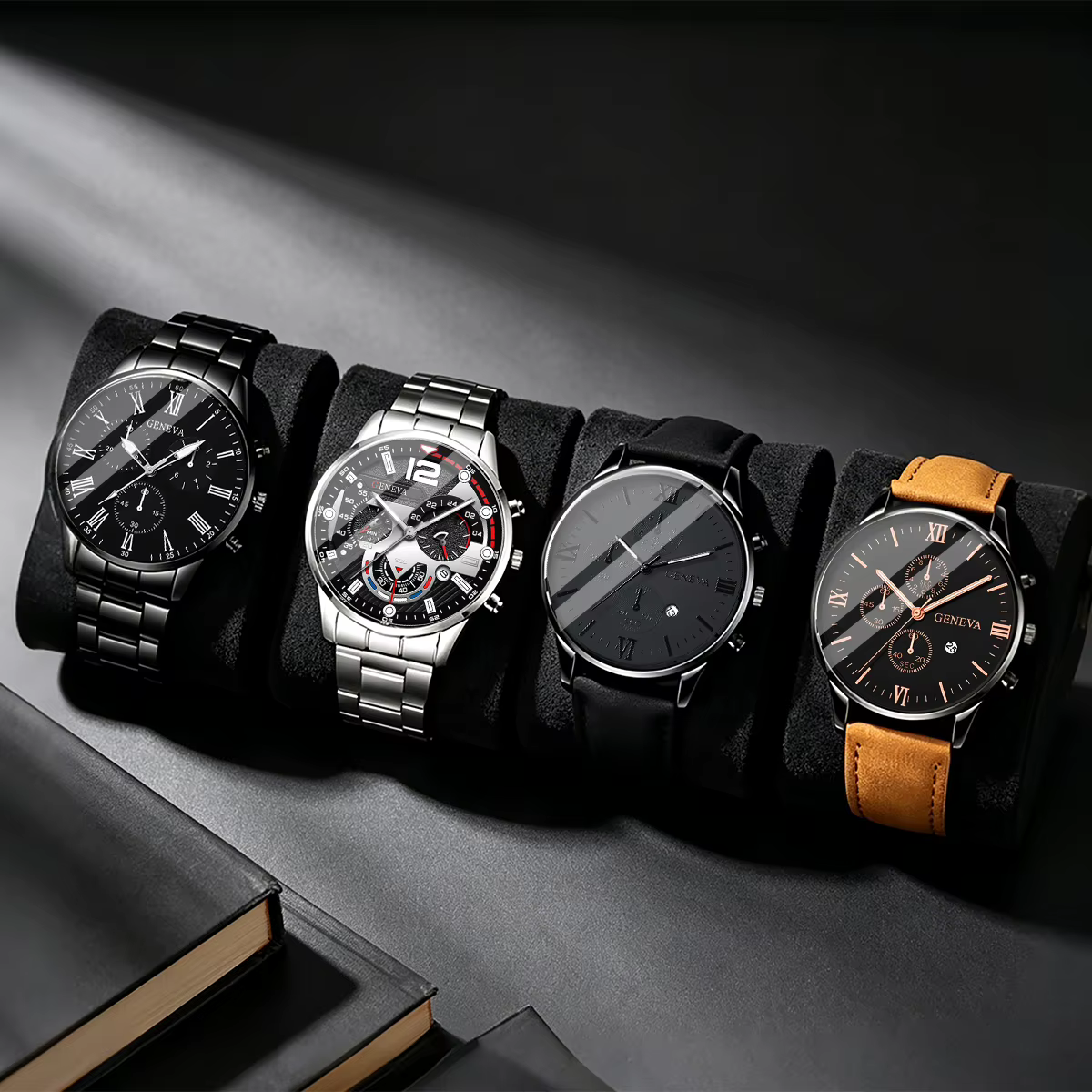 Ensemble de montres Genève pour hommes, 4 modèles, chronographe de luxe, montre-bracelet à quartz, b