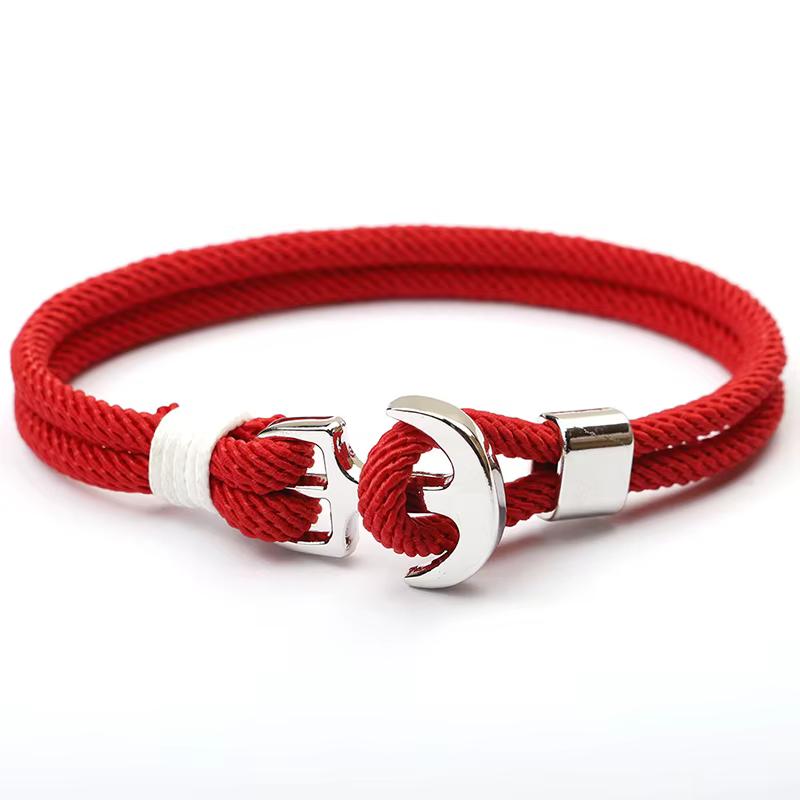 Bracelet en corde tressée pour hommes, ancre nautique, bicouche, couleur argent, crochet de qualité 