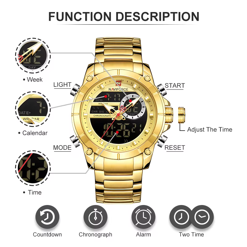 NAVIFORCE 9163 montre-bracelet de Sport originale de luxe pour hommes Quartz acier étanche double af