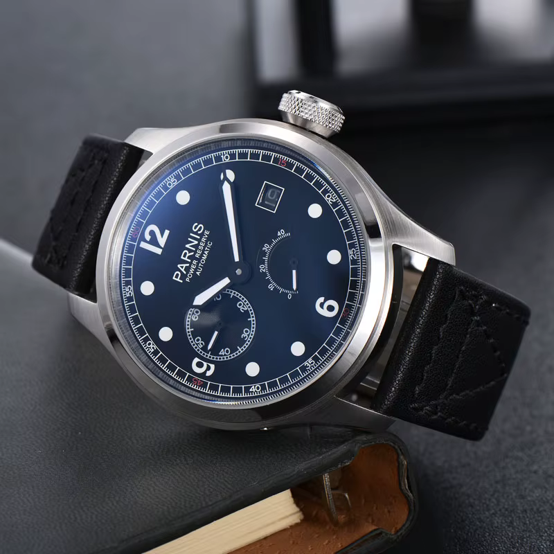 Parnis – montre pour hommes, cadran noir, Date, réserve de marche, cuir ST 2530, mouvement automatiq