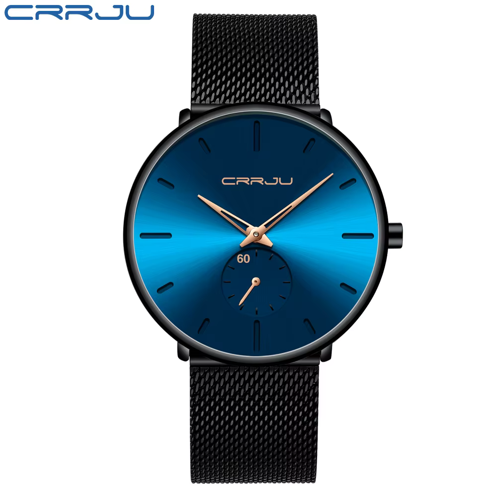 CRRJU mode bleu hommes montre haut de gamme marque minimaliste Ultra-mince montre à Quartz décontrac