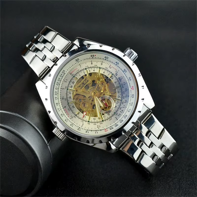 JARAGAR montres squelette doré hommes marque de luxe argent acier inoxydable Auto-vent montre mécani