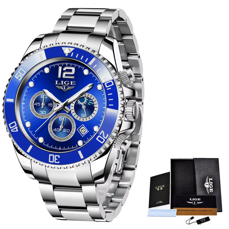 LIGE-Montre de sport étanche en acier inoxydable pour homme, montre-bracelet à quartz chronographe,