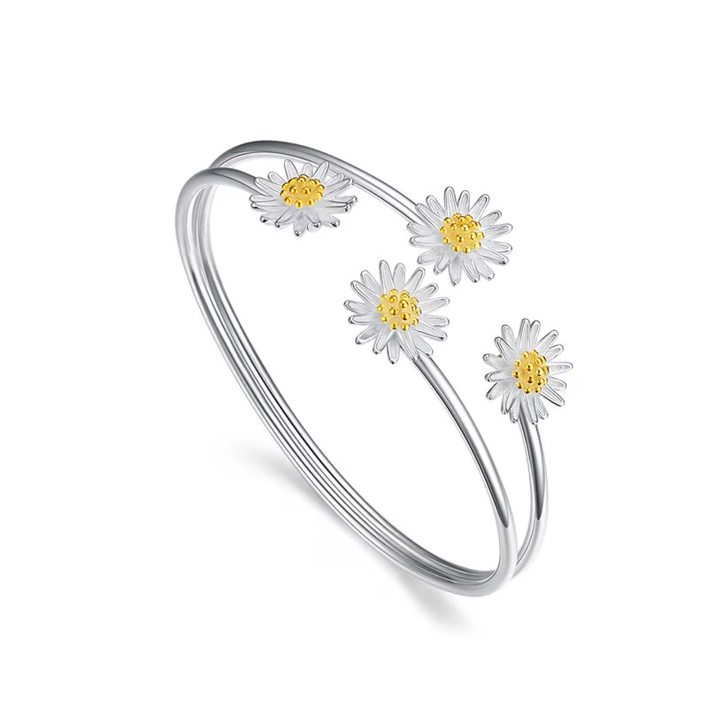 Bracelet manchette réglable en argent Sterling 925 véritable pour femmes, breloque fleur de margueri