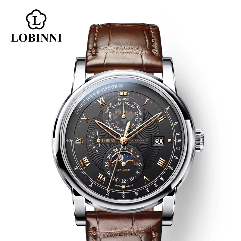 LOBINSettlement-Montre mécanique automatique pour homme, marque de luxe, phase de lune, saphir, cuir