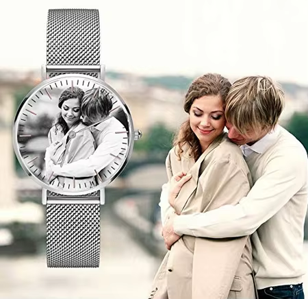 Amxiu-Montre à quartz personnalisée en acier inoxydable pour hommes et femmes, photo des amoureux de