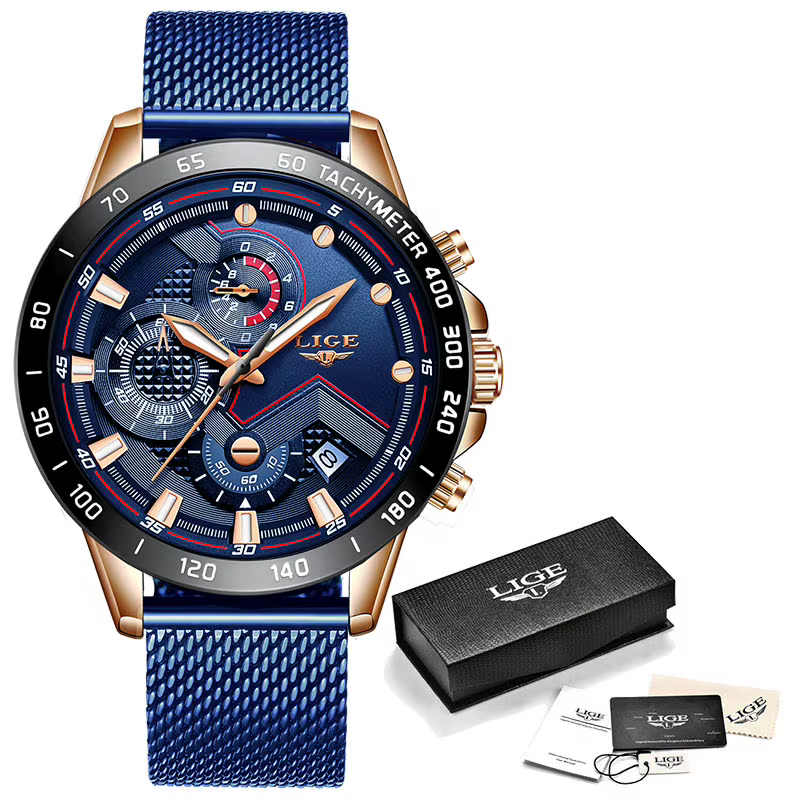 LIGE hommes montres Top marque de luxe mode montre-bracelet Quartz horloge bleu montre hommes étanch