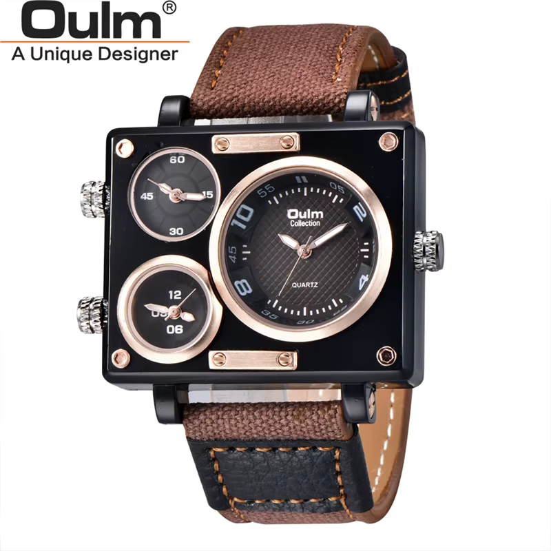 Oulm-Montre de sport à quartz verte pour homme, horloge de grande taille, 3 fuseaux horaires, tissu 