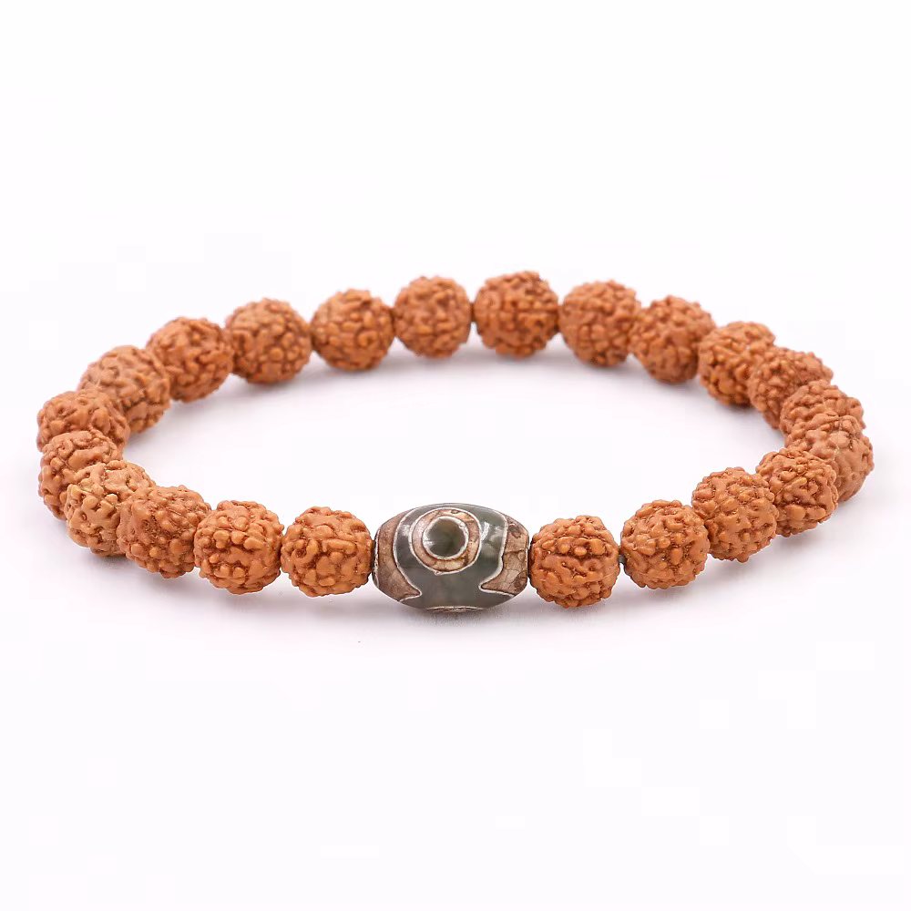 Graine de Rudraksha naturelle avec bouddhisme tibétain, perles d'oeil Dzi, Bracelet pour hommes et f