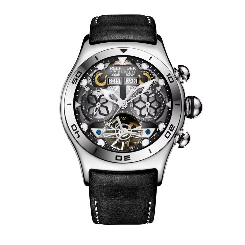 Reef Tiger-Montre existent de dehors Shoous pour Homme, Acier, Tourbillon, Année, Mois, Calendrier, 