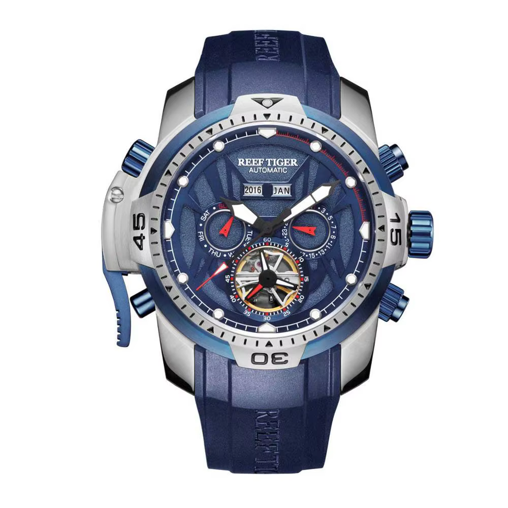 Reef Tiger-Montre de sport à cadran en acier avec calendrier perpétuel, montres automatiques, grande