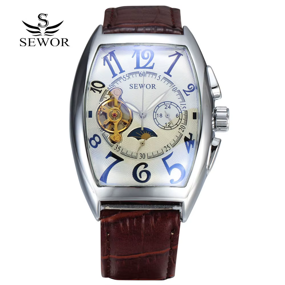 SEWOR-Montres Mécaniques Automatiques pour Homme, Tourbillon de Luxe, Tonneau, Décontracté, Phase de