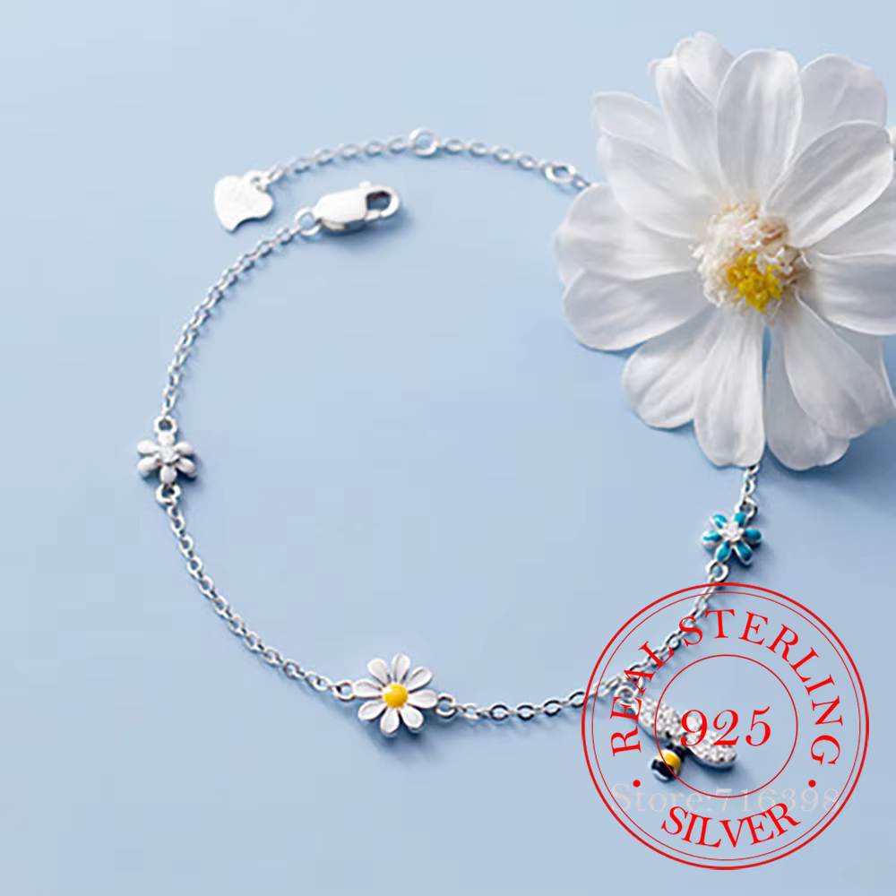 Bracelet à breloques marguerite abeille en argent Sterling 925 pour femmes et filles, Bijoux tendanc