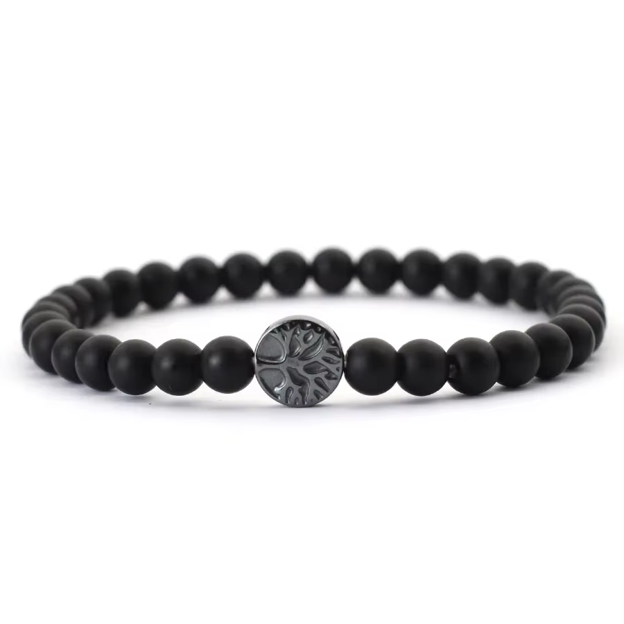 Marine Turtle Anchor Tree Of Life Beaded Bracelet For Men Women Handmade 6mm Black Stone Yoga Medita