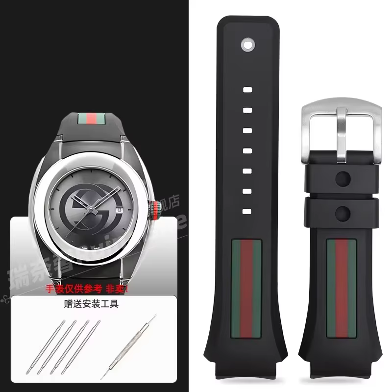 Pour Gucci YA137/YA137107A Bracelet de montre en caoutchouc dédié Port saillant étanche homme noir B