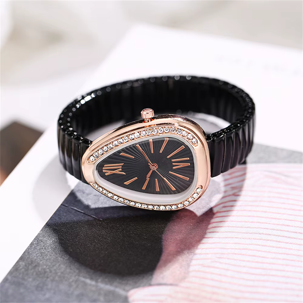 Montre élégante pour femme, forme de larme, avec cadran en cristal, or rose, bracelet élastique blan