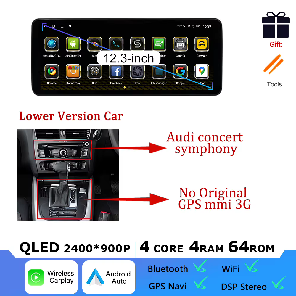 Android 14 pour Audi Q5 2009 -2017 autoradio intelligente multimédia QLED écran tactile DSP stéréo G