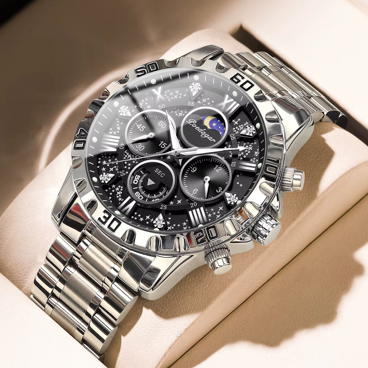 POEDAGAR montre de luxe homme étanche lumineux en acier inoxydable Quartz montre-bracelet pour homme