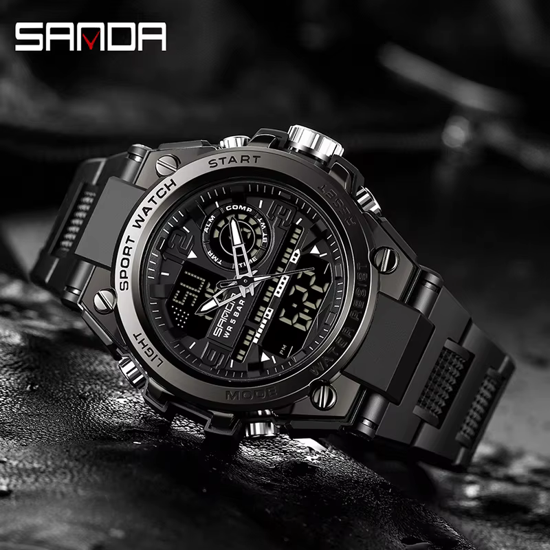 SANDA hommes sport montres à Quartz double affichage LED électronique numérique montres étanche mont