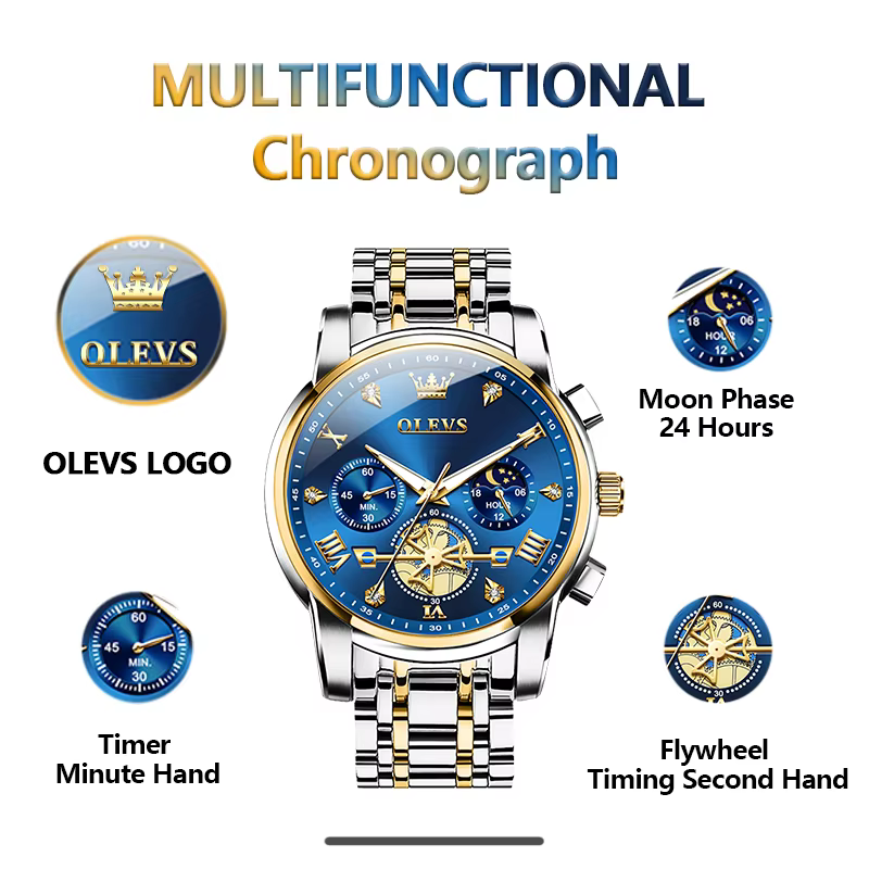 OLEVS-Montre-bracelet classique à quartz pour homme, chronographe multifonctionnel, phase de lune or