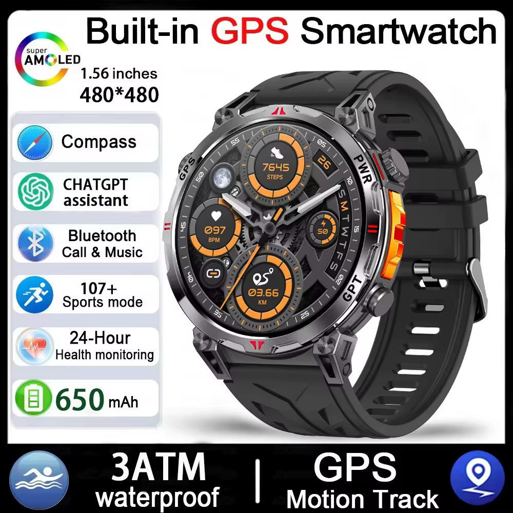 Montre connectée GPS pour hommes, carte hors ligne, mémoire GPS intégrée, écran HD Corning Gorilla, 