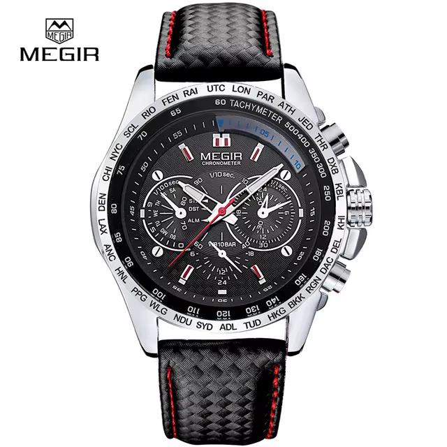 Montre à quartz pour homme MEGIR 1010 avec bracelet en cuir, affichage analogique, design tendance, 