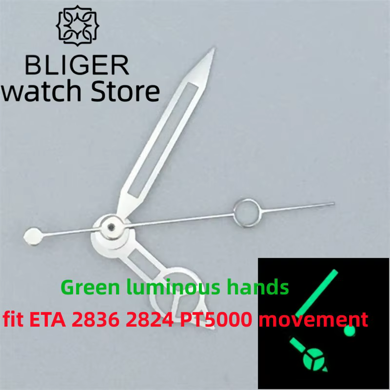 Aiguilles de montre lumineuses vertes/bleues BLIGER compatibles avec les mouvements ETA 2836 2824 Mi
