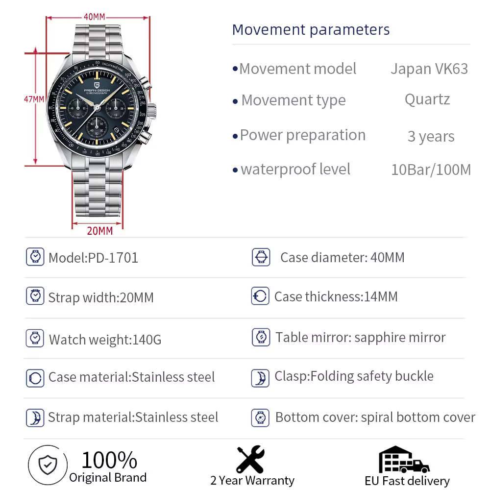 Montres pour hommes PAGANI DESIGN 2026 Nouvelle V5 PD1701 Montre à quartz de luxe pour hommes Sport