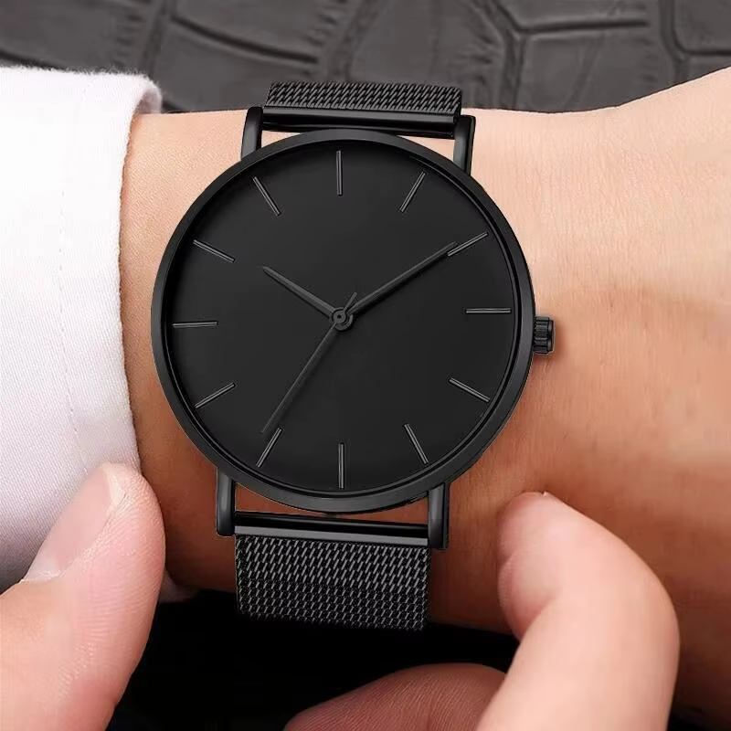 Montre à quartz ultra fine en acier inoxydable pour hommes, montre d'affaires simple, ceinture en ma