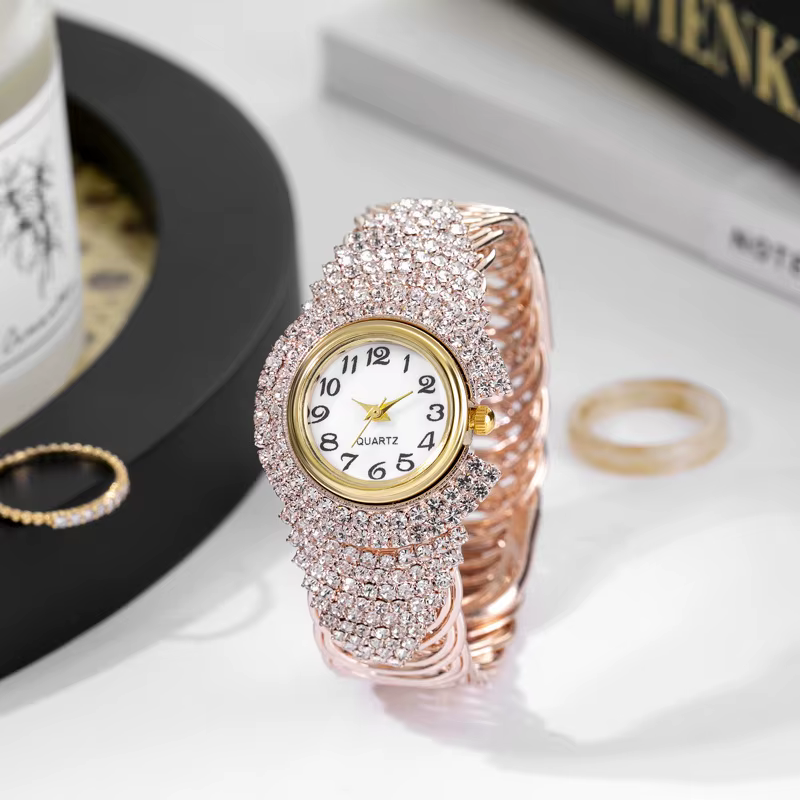 Montre élégante pour femme entièrement ornée de strass, bracelet tendance, cadran rond, montre-brace
