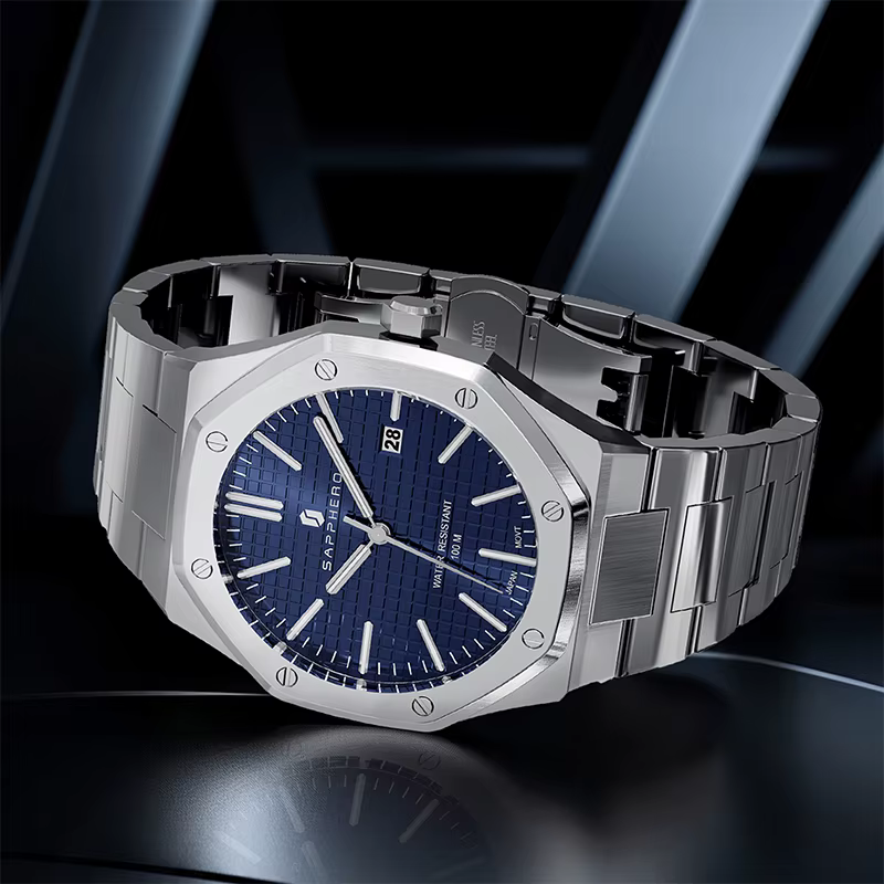 SAPPHERO montre pour hommes, bracelet en acier inoxydable, conception résistante à l'eau, calendrier