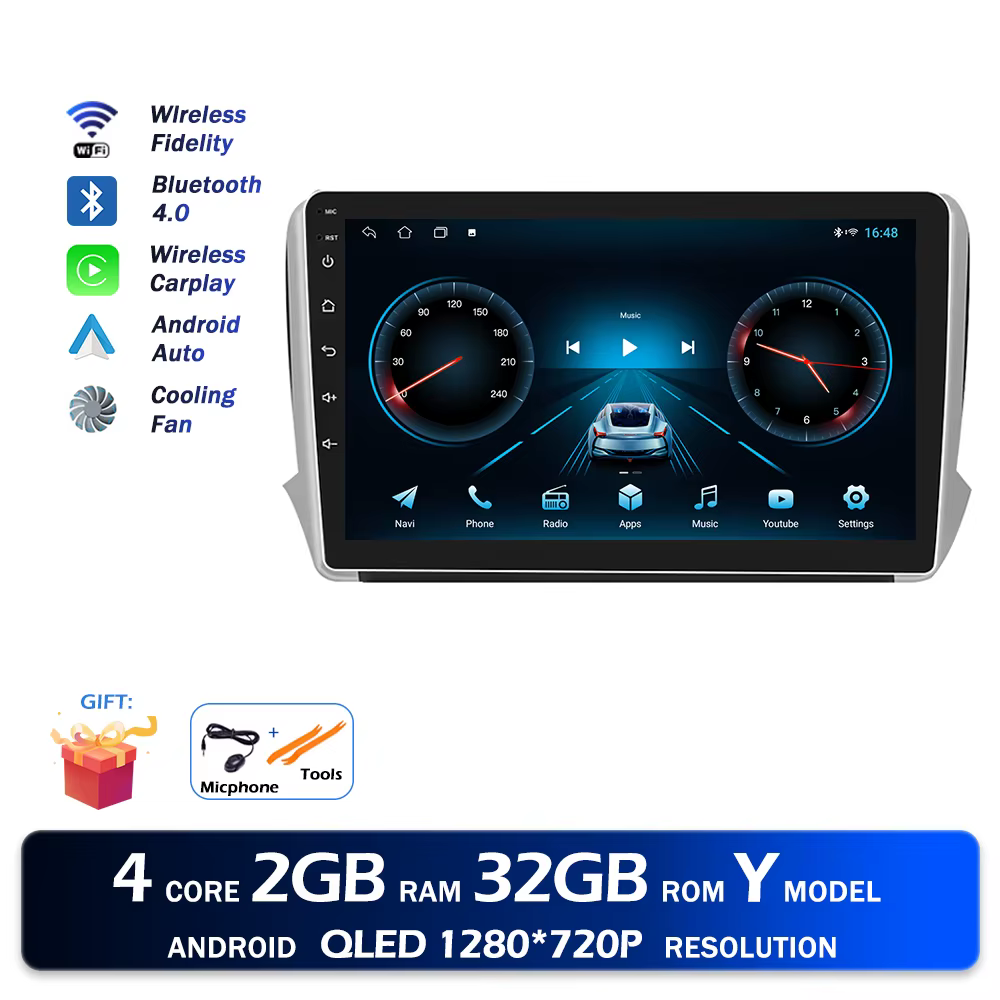 Android 16 2000*1200P pour Peugeot 208 2008 Série 2012-2018 CarPlay sans fil GPS Navigation Bluetoot