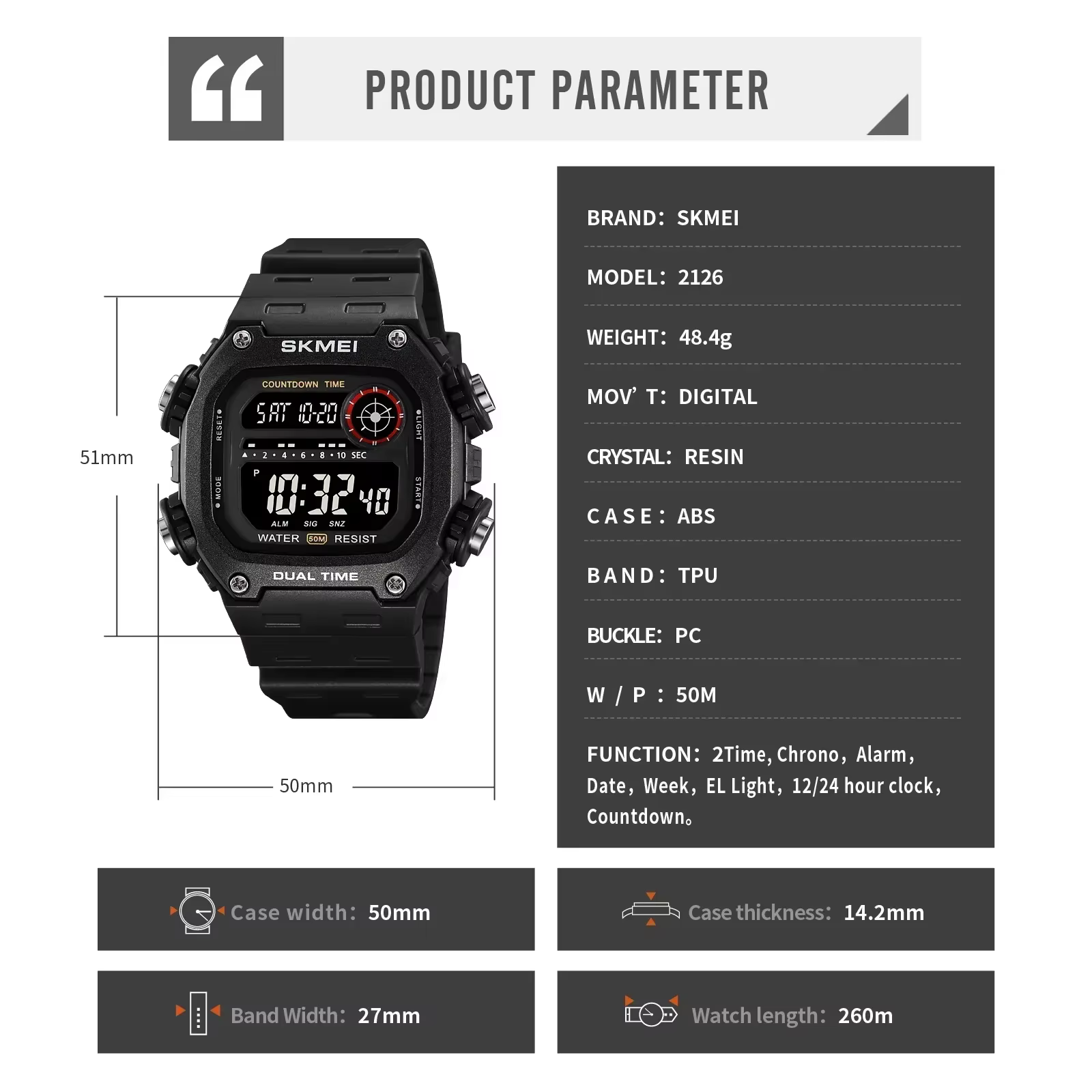 SKMEI 2126 montres de sport pour hommes étanche chronomètre alarme LED affichage numérique compte à