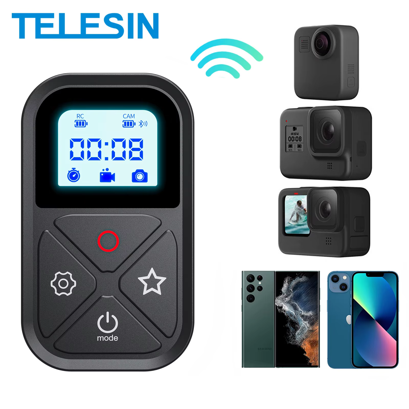 TELESIN télécommande Bluetooth pour GoPro Hero 13 12 11 10 9 avec bracelet 80M télécommande intellig