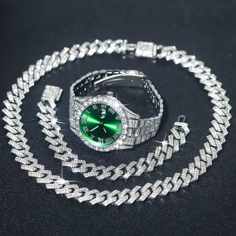 Ensemble de montres en argent pour hommes, 3 pièces, Hip-hop Punk incrusté de diamants + chaîne cuba