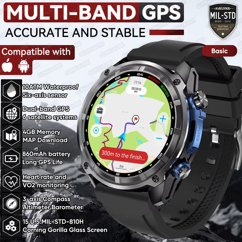 Montre connectée avec carte hors ligne, 4 go, GPS double bande intégré, boussole à 3 axes, étanche 1