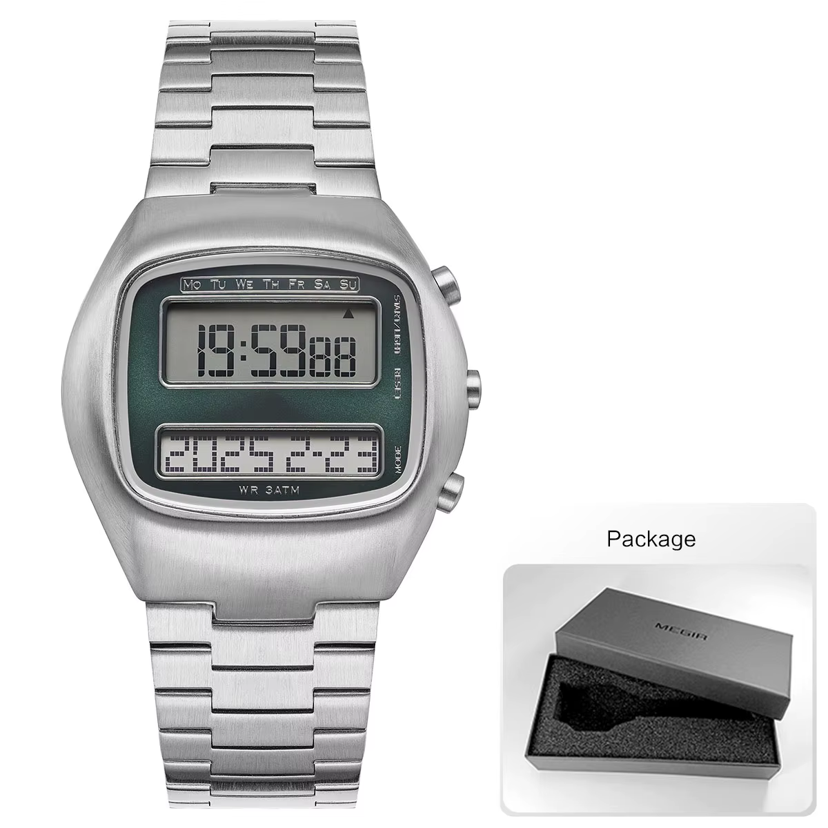 Montre-bracelet numérique rétro unisexe, double affichage, bracelet en acier inoxydable, pour hommes