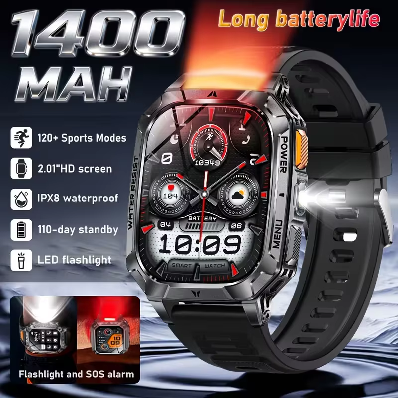 Montre de sport pour hommes, écran HD de 2,01 pouces, batterie de 1400 mAh, double LED (SOS rouge + 