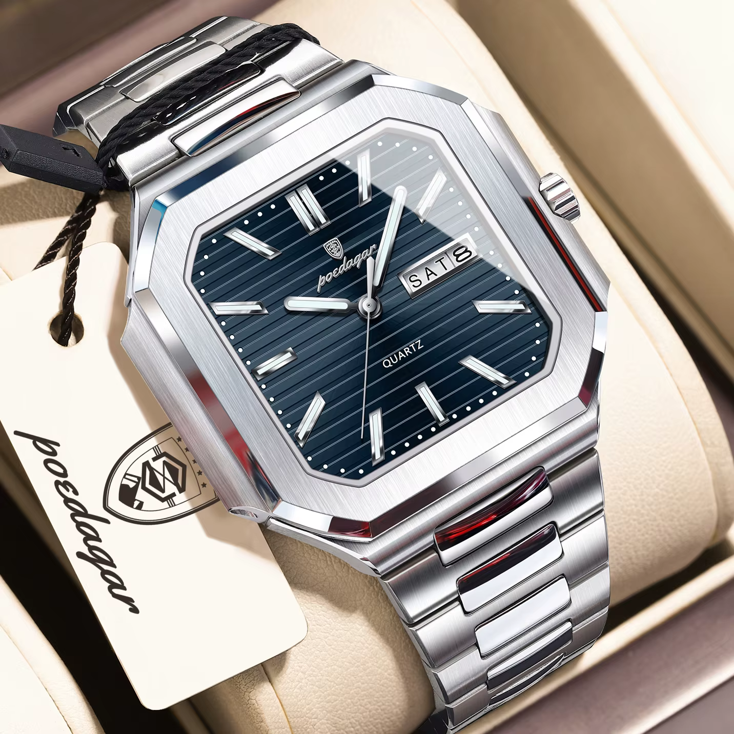 POEDAGAR affaires homme montre étanche lumineux Date semaine classique montres pour hommes en acier 