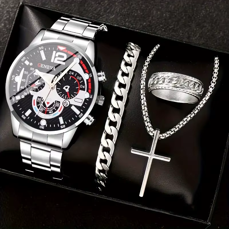Ensemble de 4 montres à quartz pour hommes en alliage d'or avec calendrier romain et collier croix,