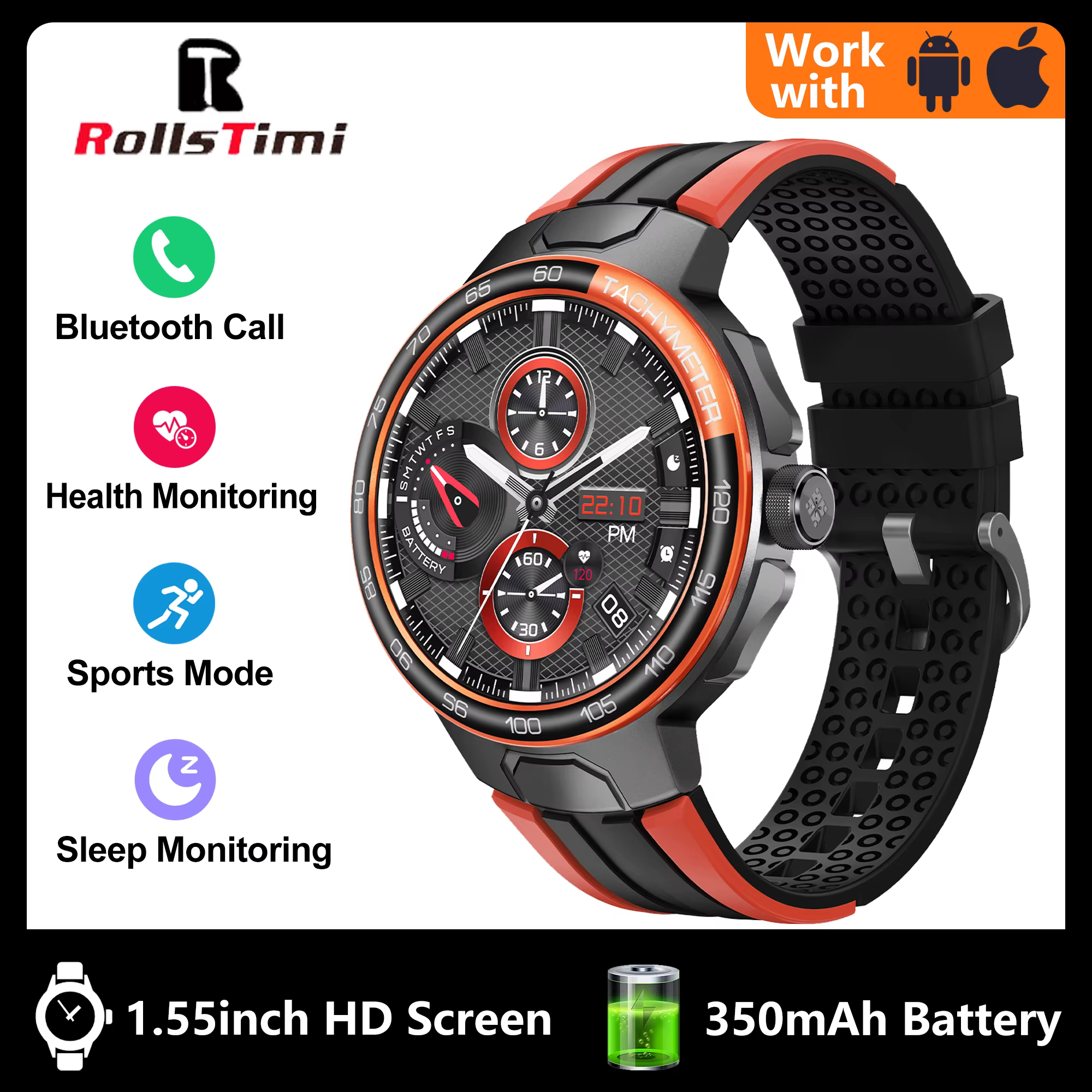 Montre connectée de sport, grand écran haute définition de 1.55 pouces, prend en charge les appels B