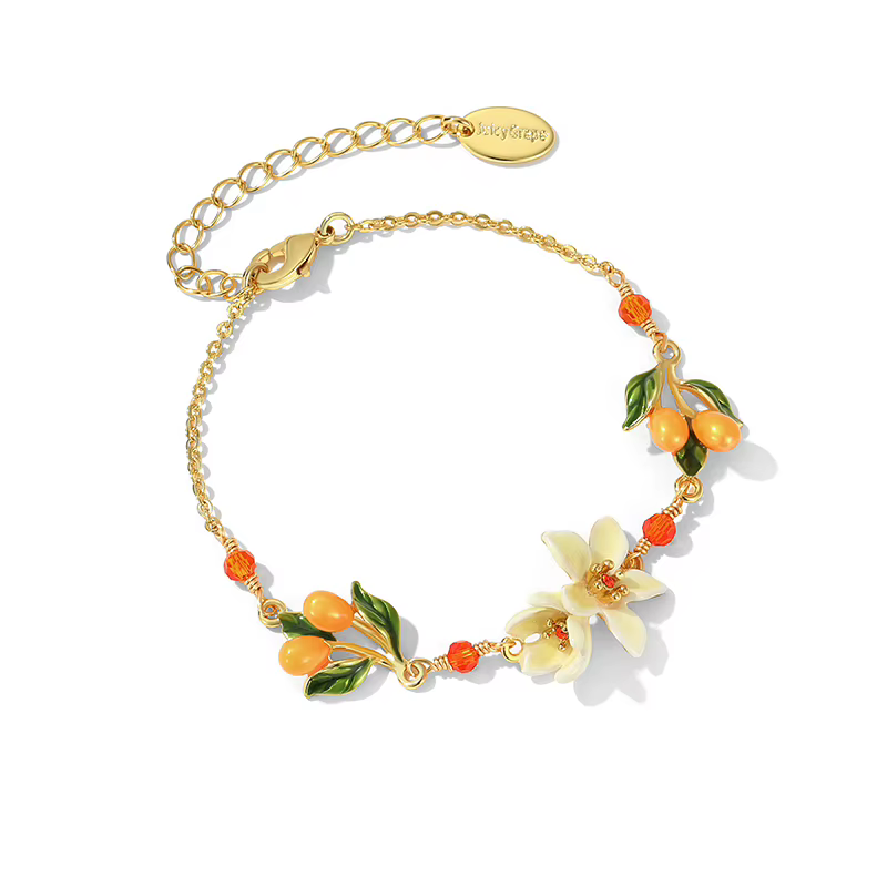 Bracelet en émail fleuri pour femme, plaqué or 18 carats, avec fleur d'oranger blanche et petit kumq