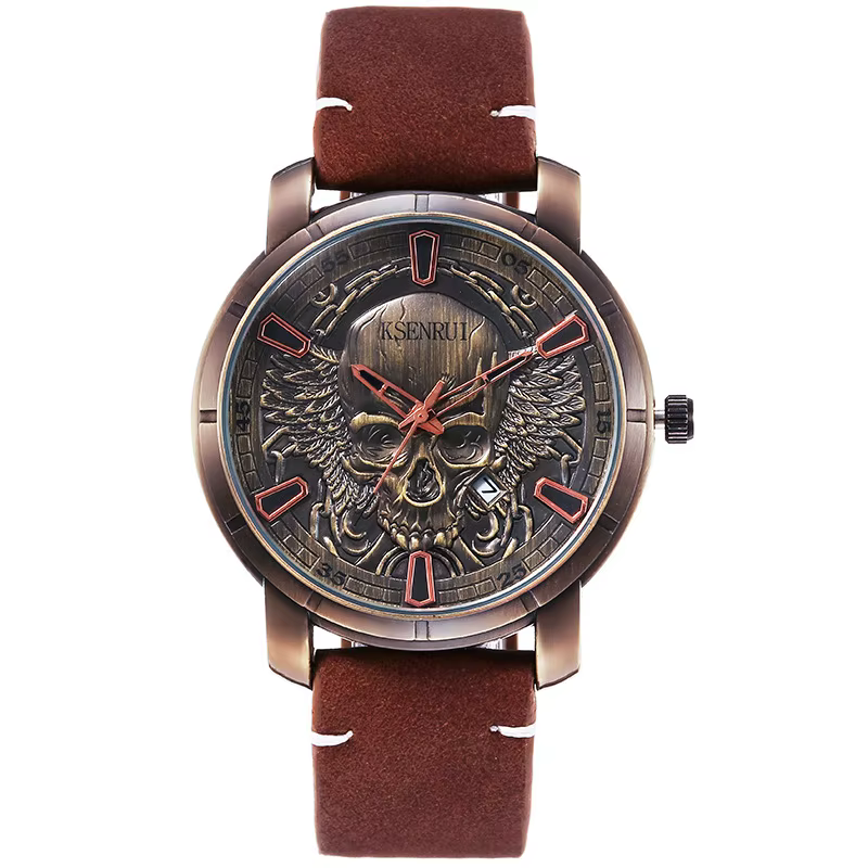 Montre crâne rétro pour hommes, bracelet de luxe en acier et cuir, à Quartz, à la mode, horloge cade