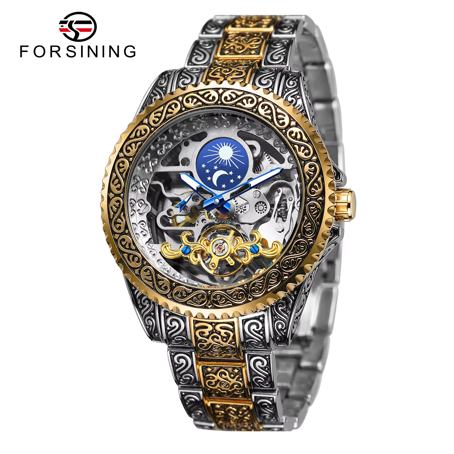 Forsining-Montre mécanique de luxe pour homme, montres mécaniques, phase de lune, rétro gravé, tourb