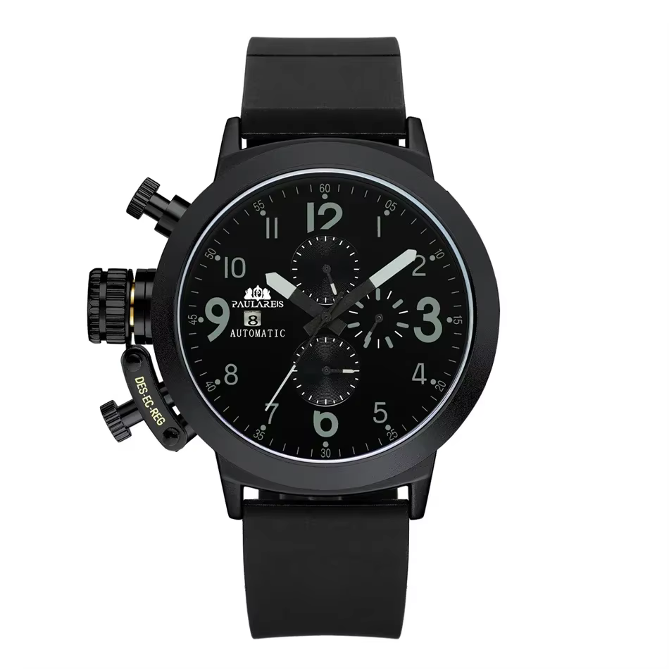 Montre automatique mécanique à remontage automatique pour homme, boîtier en caoutchouc, orange, bleu