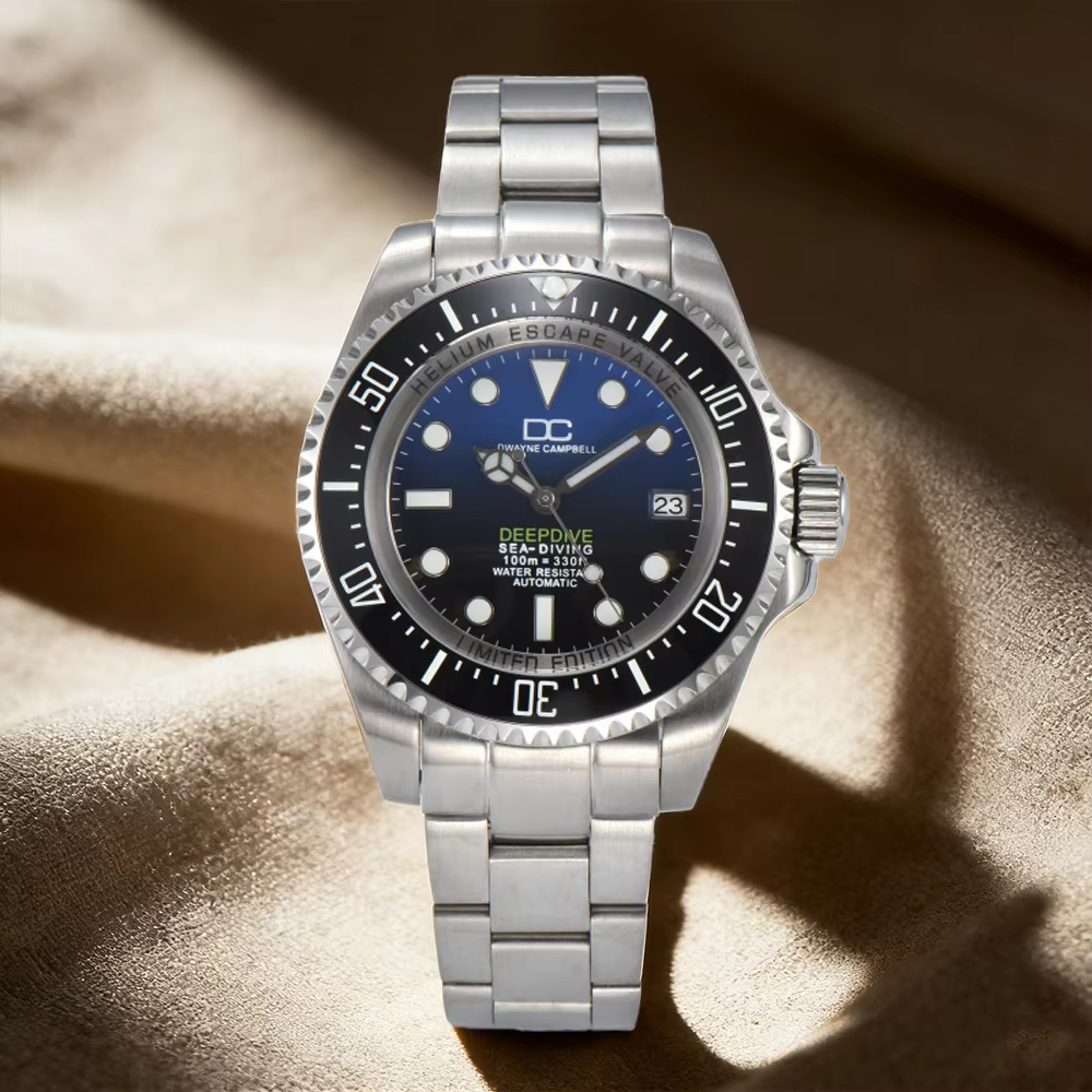 Montre pour homme Dwayne Campbell 44 mm NH35 avec verre saphir, acier inoxydable, fenêtre de calendr