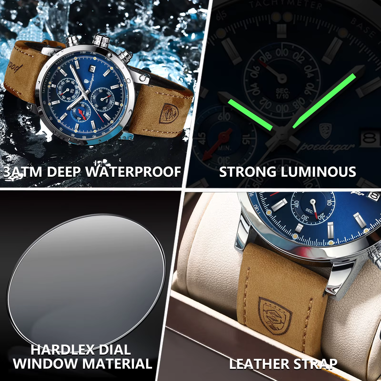 POEDAGAR-Montre de Luxe Chimman pour Homme, Chronographe Shoe, Étanche, Date, dehors, Mn, Cuir, Mont