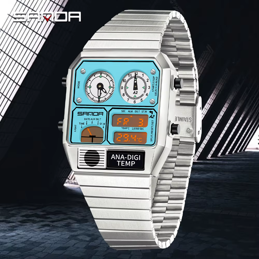 SANDA nouveau 3192 montre électronique carrée pour hommes LED étanche thermomètre chronomètre pour m