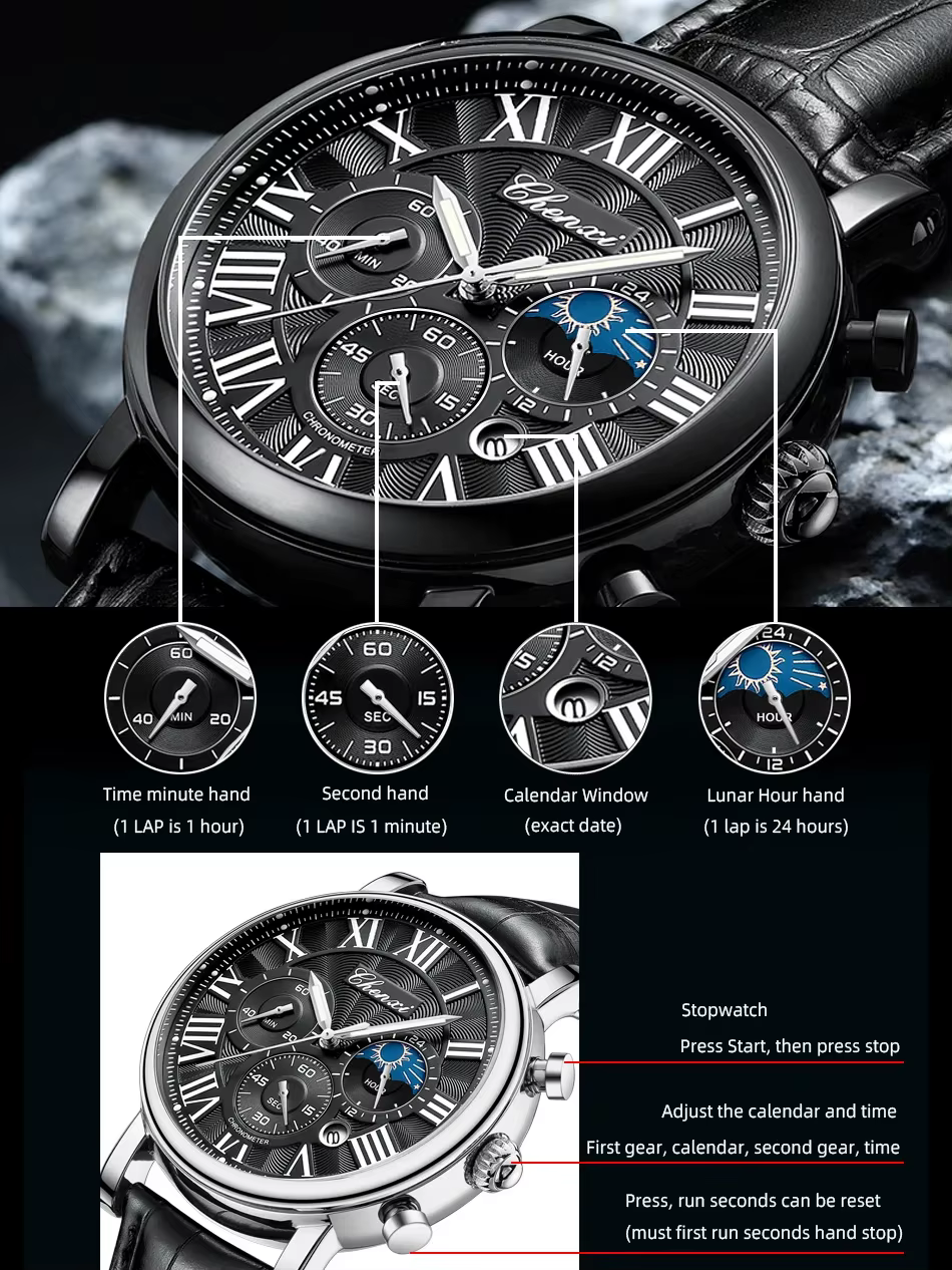 CHENXI 973 hommes montre à Quartz mode affaires Phase de lune Date multifonctionnel chronographe bra