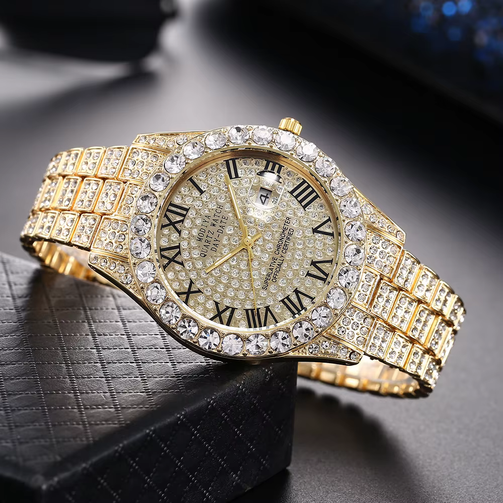 Montre à quartz avec bracelet en acier doré pour homme, échelle romaine, biscuits, calendrier, montr